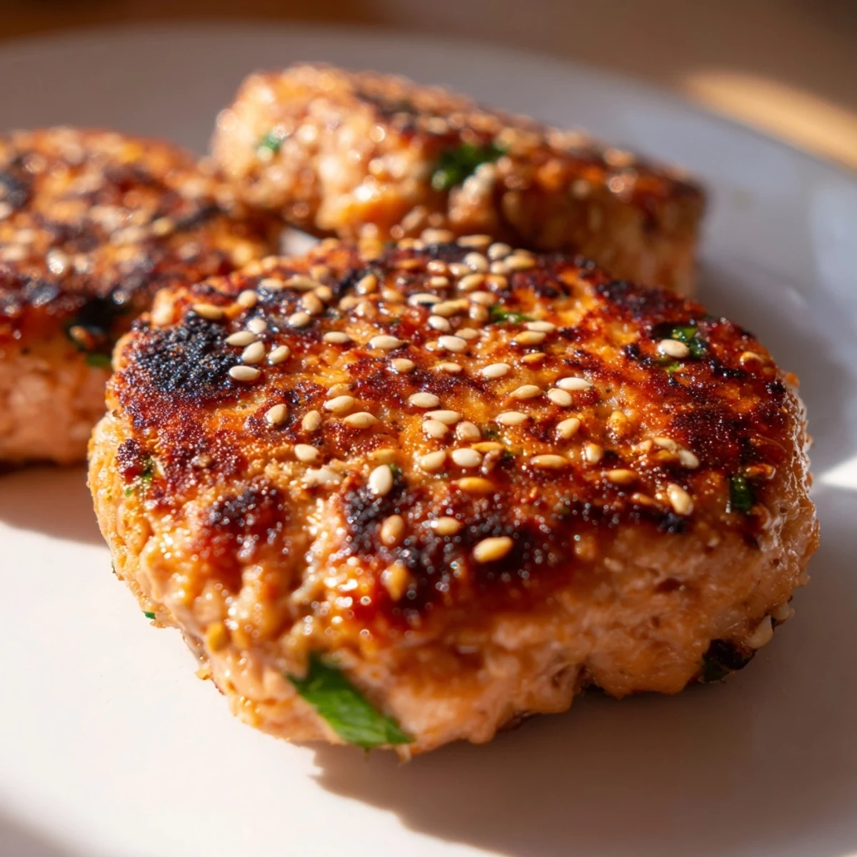 Spicy Harissa Sesame Salmon Patties served on a white plate with fresh cilantro