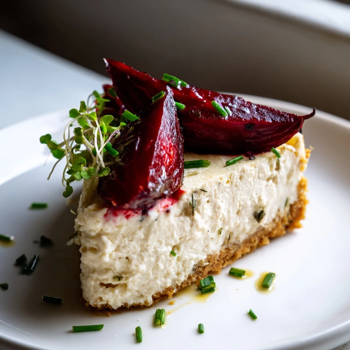 Creamy savoury cheesecake topped with caramelized roasted beetroot and fresh herbs