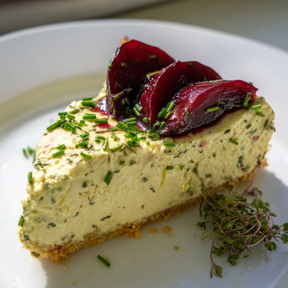 Golden-crusted savoury cheesecake layered with tender beetroot wedges and microgreens