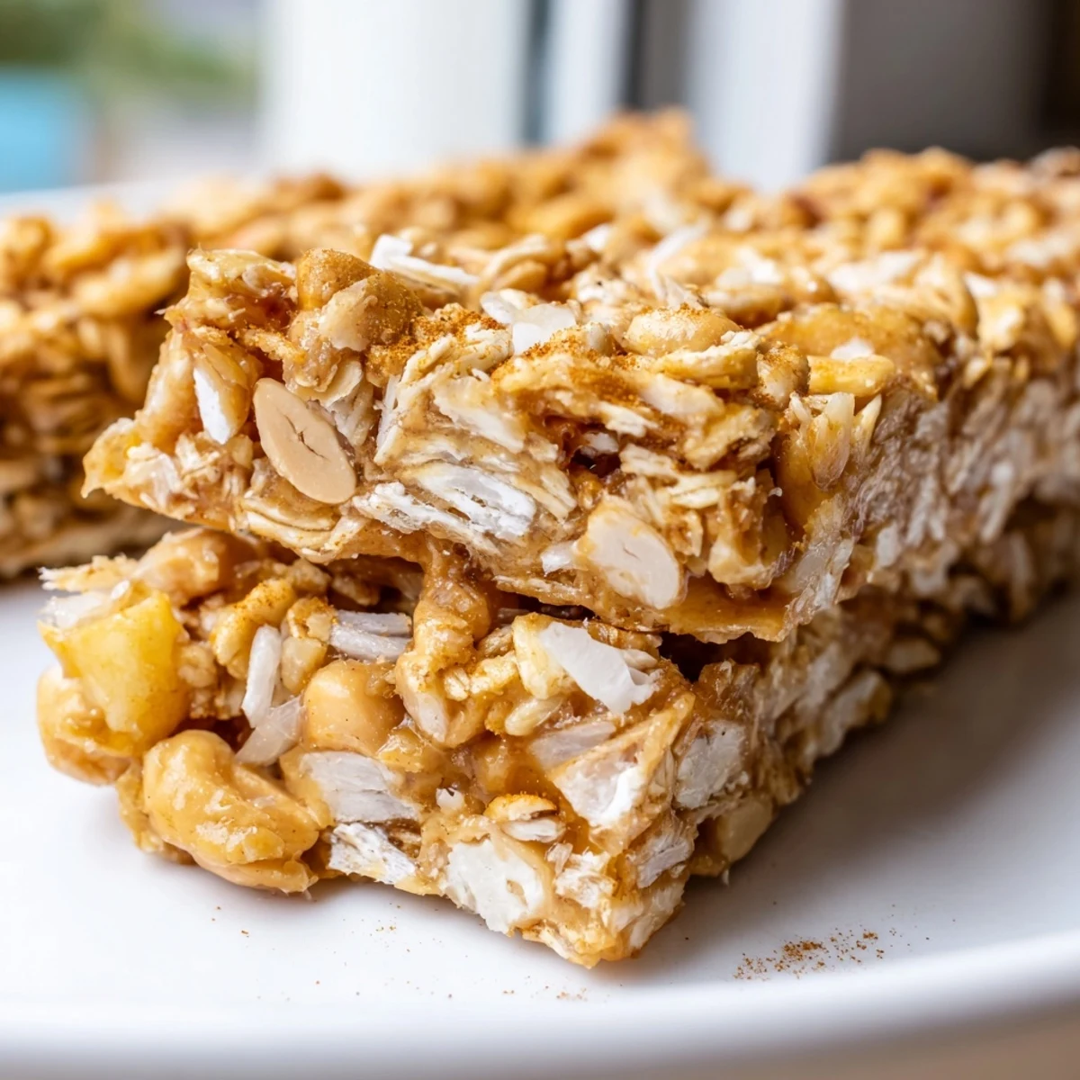 Chewy no bake apple peanut butter granola bars topped with visible oats and dried apple pieces on a rustic cutting board