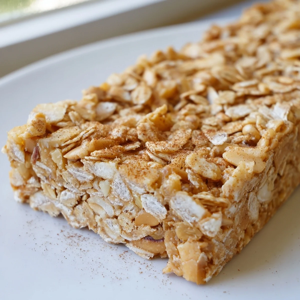 Golden no bake apple peanut butter granola bars sliced into neat squares drizzled with creamy peanut butter and scattered peanuts
