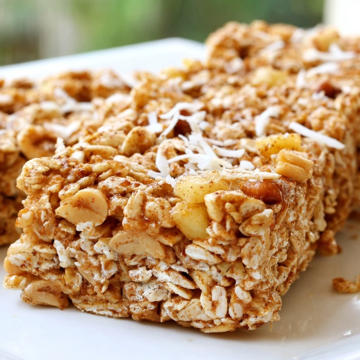 Thick no bake apple peanut butter granola bars wrapped in parchment beside a glass jar of honey and cinnamon sticks
