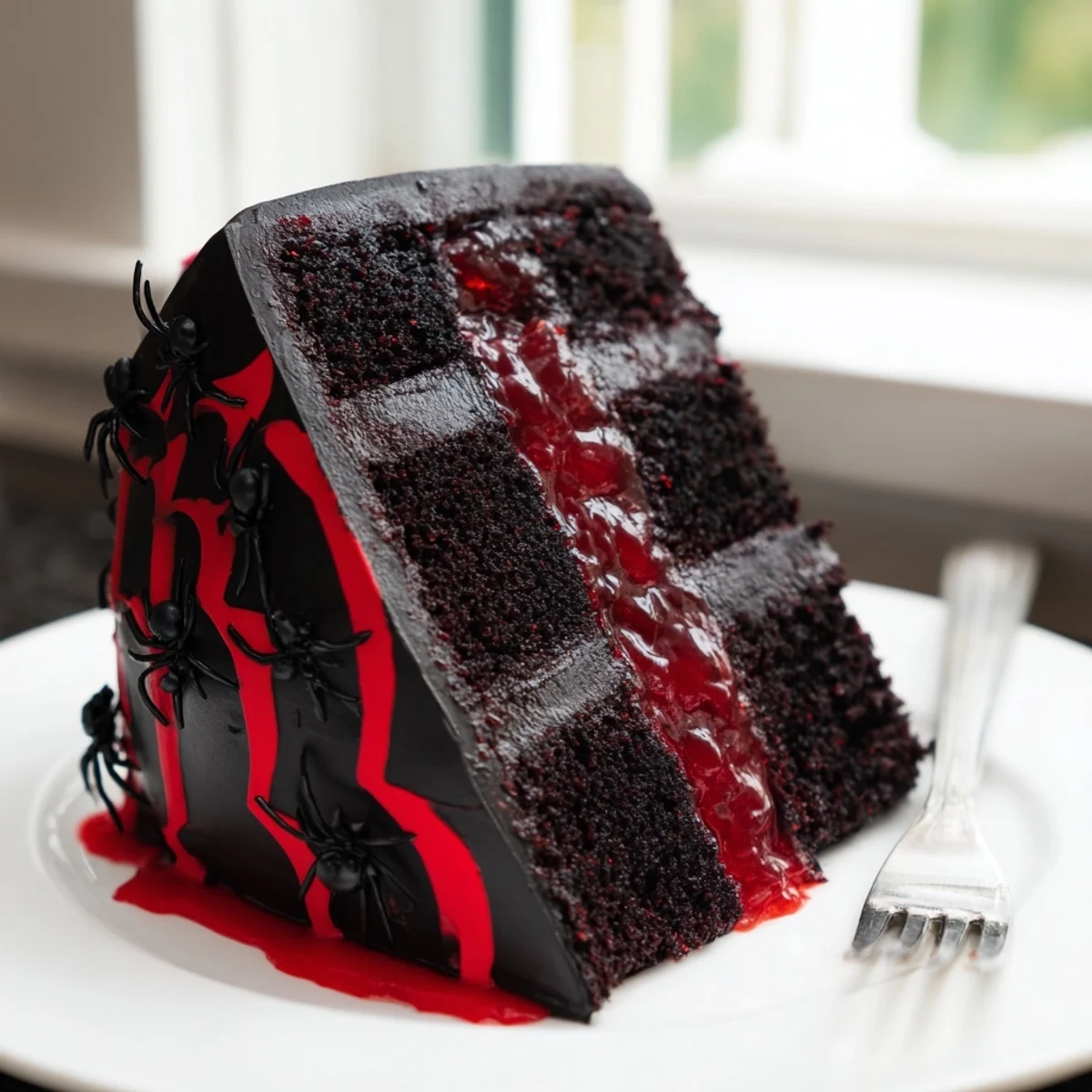 Dark black widow cake with glossy ganache dripping over moist chocolate layers