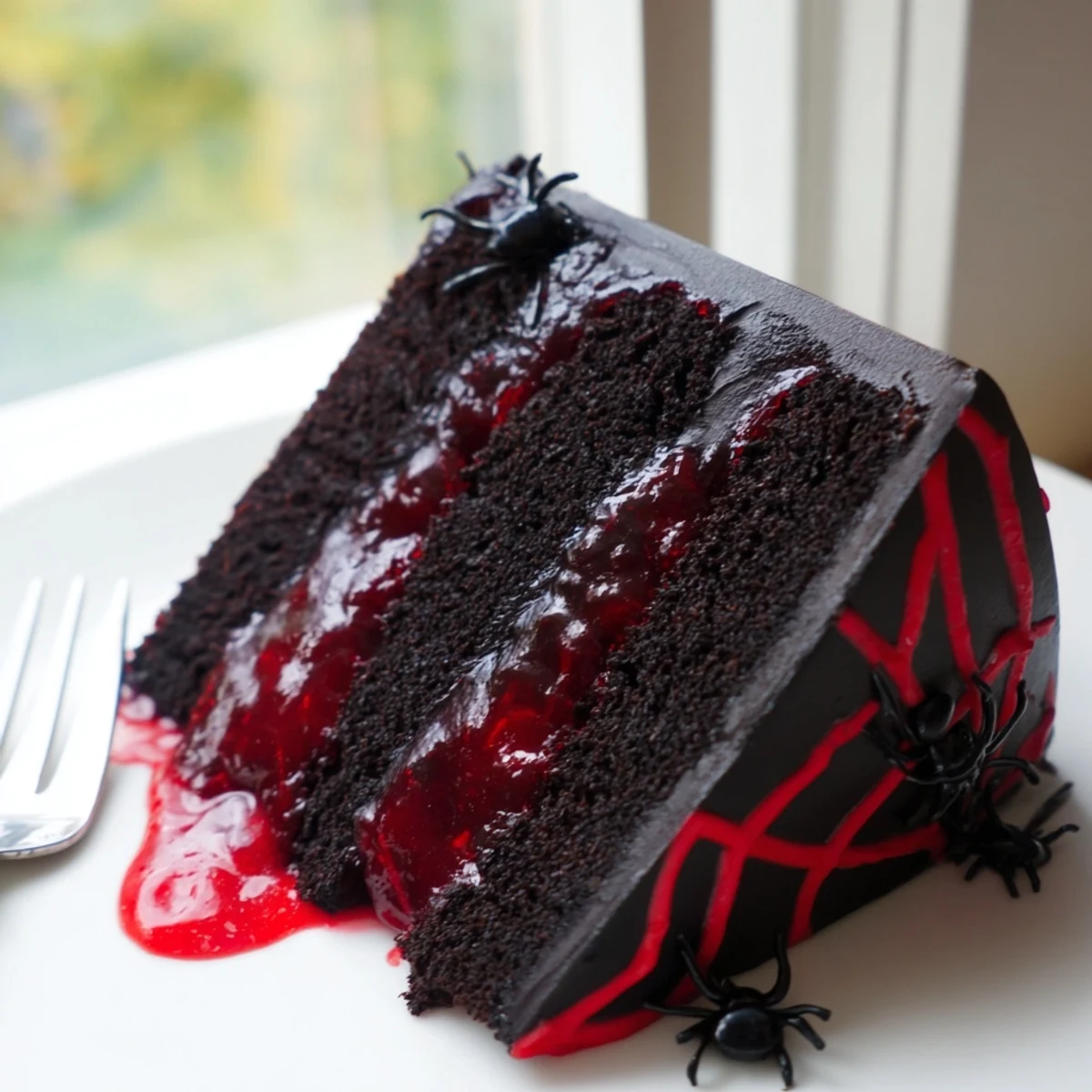 Hidden horror black widow cake sliced open revealing vibrant red cherry compote filling