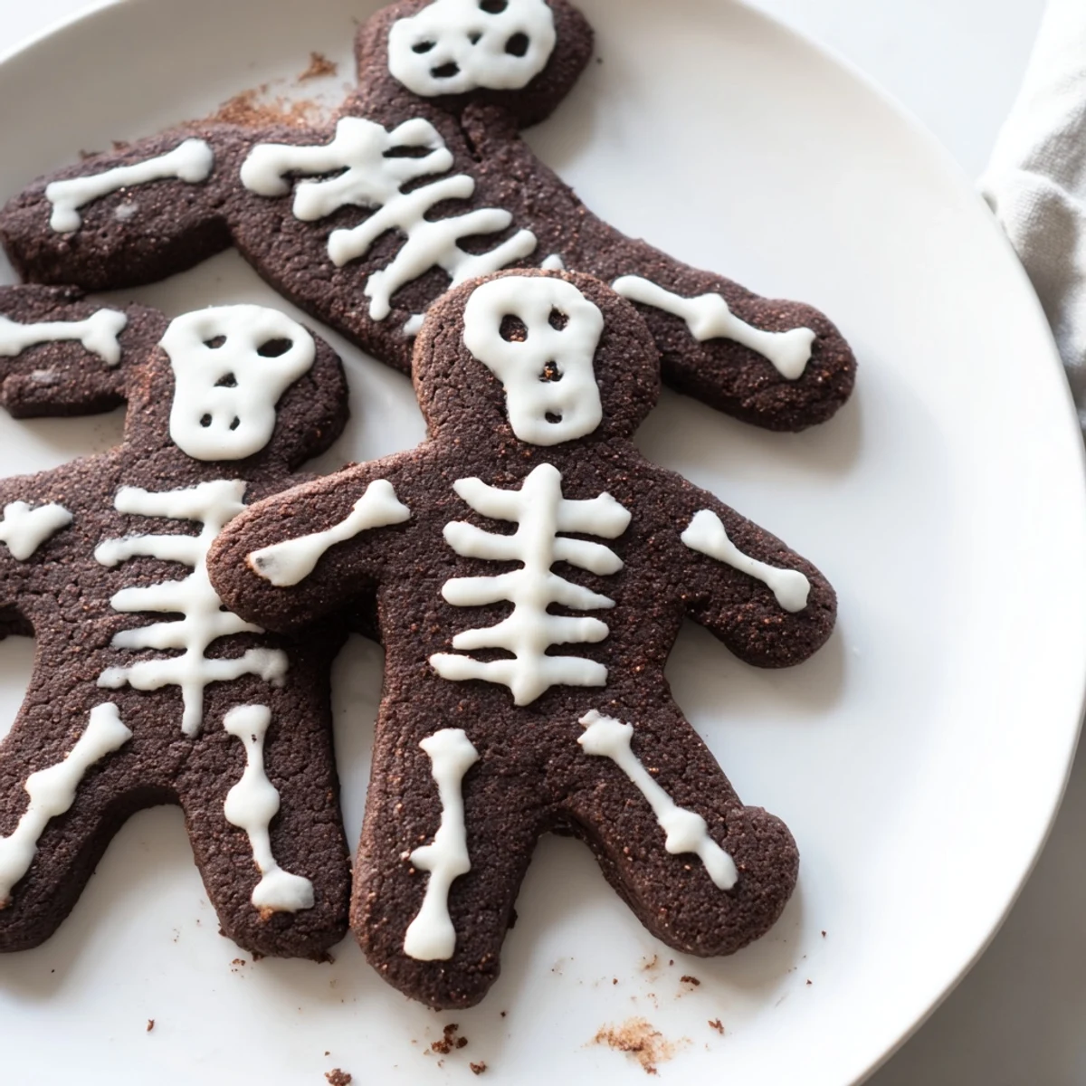 Dark chocolate cinnamon skeleton cookies decorated with intricate royal icing bone designs