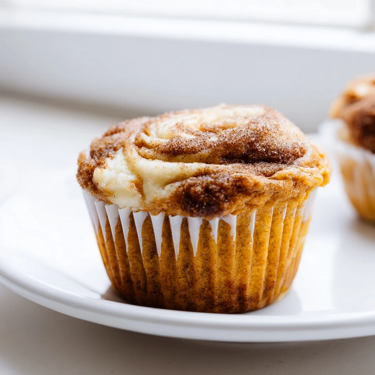 Golden chai pumpkin cheesecake muffins with swirled spiced cream cheese filling on rustic parchment paper