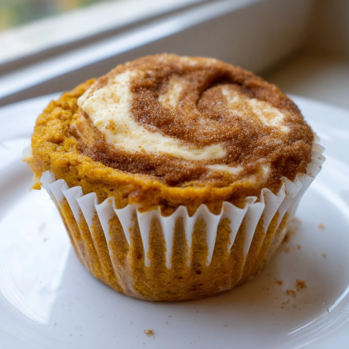 Moist chai pumpkin cheesecake muffins crowned with a pillowy cinnamon cardamom cream cheese swirl