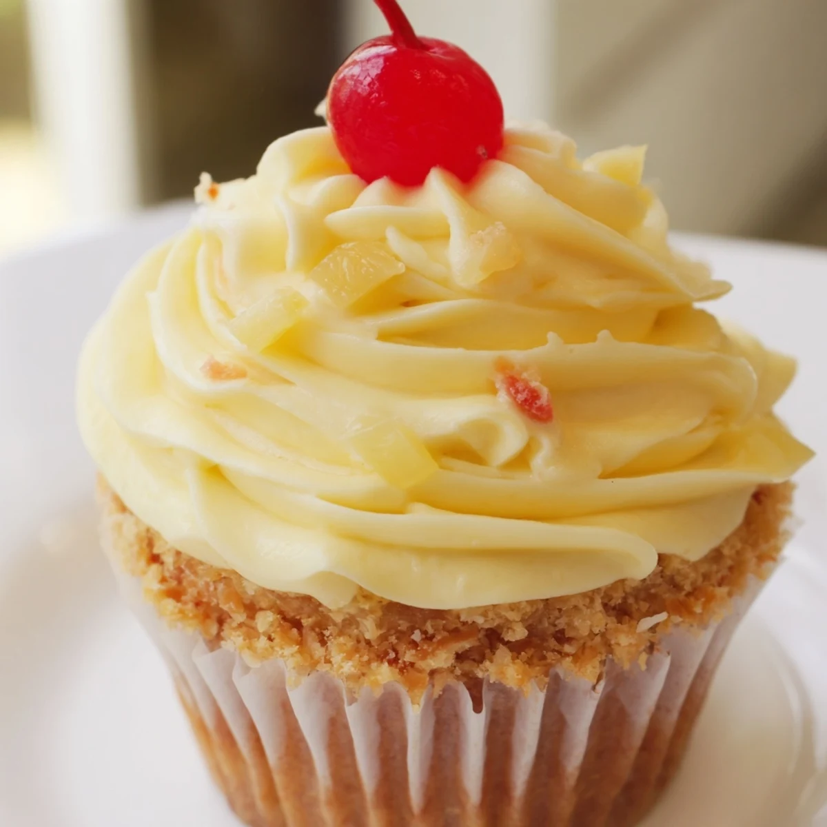 A tray of Dole Whip Cupcakes garnished with pineapple wedges and whipped topping