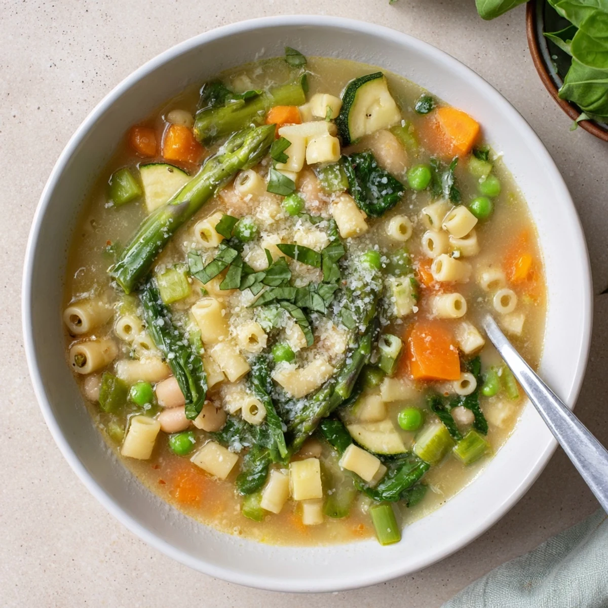 Spring minestrone soup recipe ladled into a rustic bowl topped with fresh basil and Parmesan