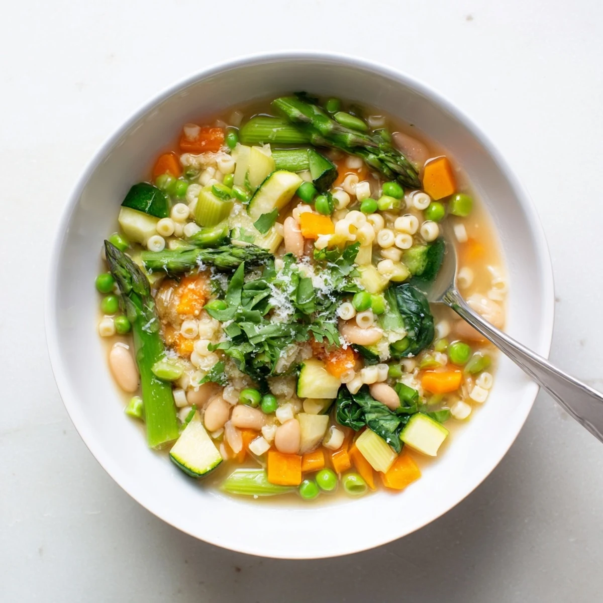 Steaming bowl of spring minestrone soup recipe dotted with bright green vegetables and ditalini pasta