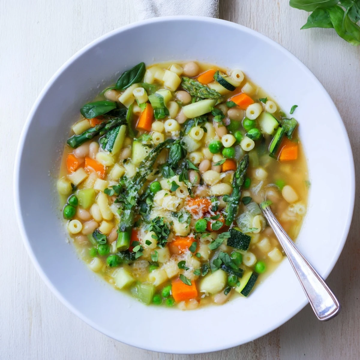 Golden broth spring minestrone soup recipe with tender asparagus, zucchini, and cannellini beans served with crusty bread
