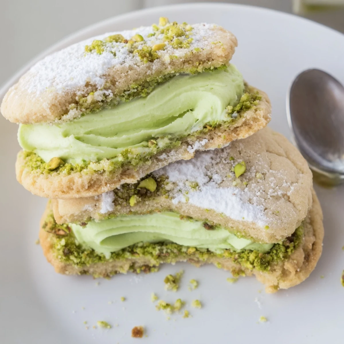 Warm, lightly golden sandwich cookies filled with pistachio cream — Pistachio Cream Cookies Recipe