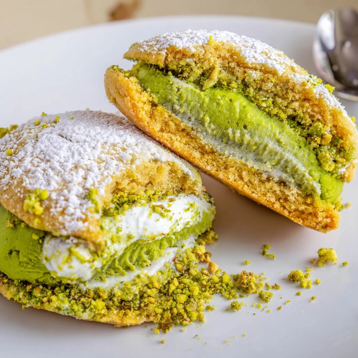 Pistachio Cream Cookies Recipe: tender buttery sandwich cookies with green nutty filling