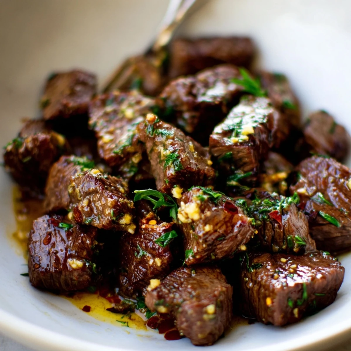 Cowboy Butter Steak Bites piled on platter with lemon, fresh herbs
