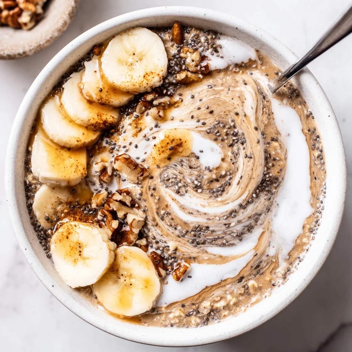 Brown Sugar Coffee Overnight Oats chilled, ready for busy mornings with cacao nibs