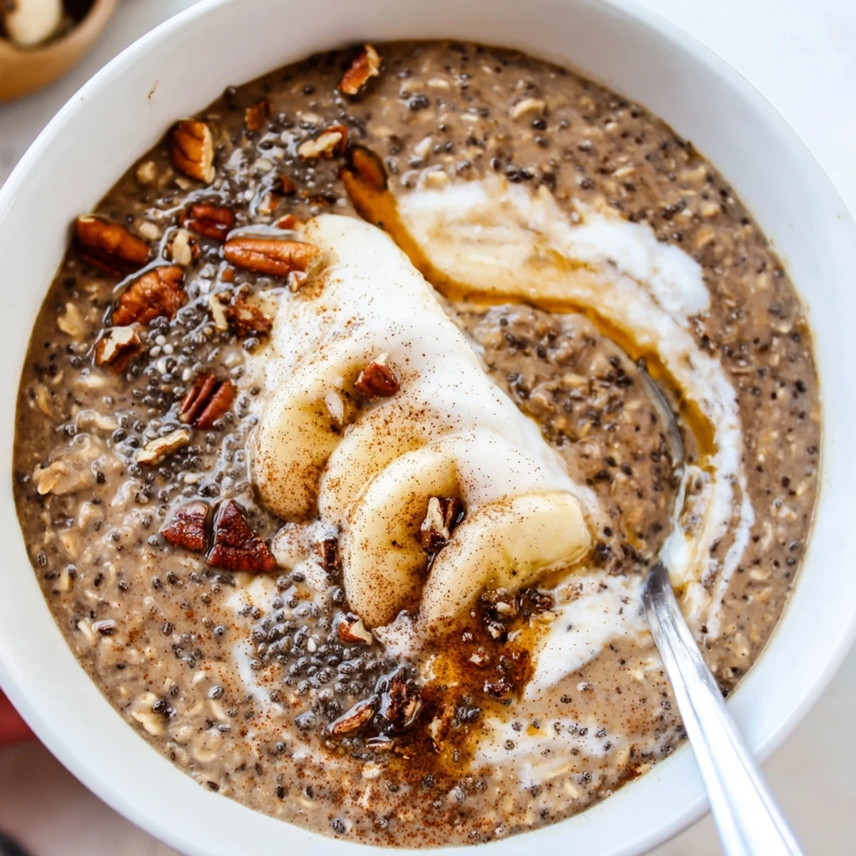Velvety Brown Sugar Coffee Overnight Oats swirled with Greek yogurt and maple drizzle