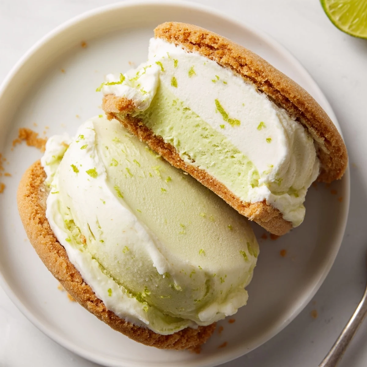 Key Lime Pie Ice Cream Sandwiches with zesty lime filling between golden graham cookies