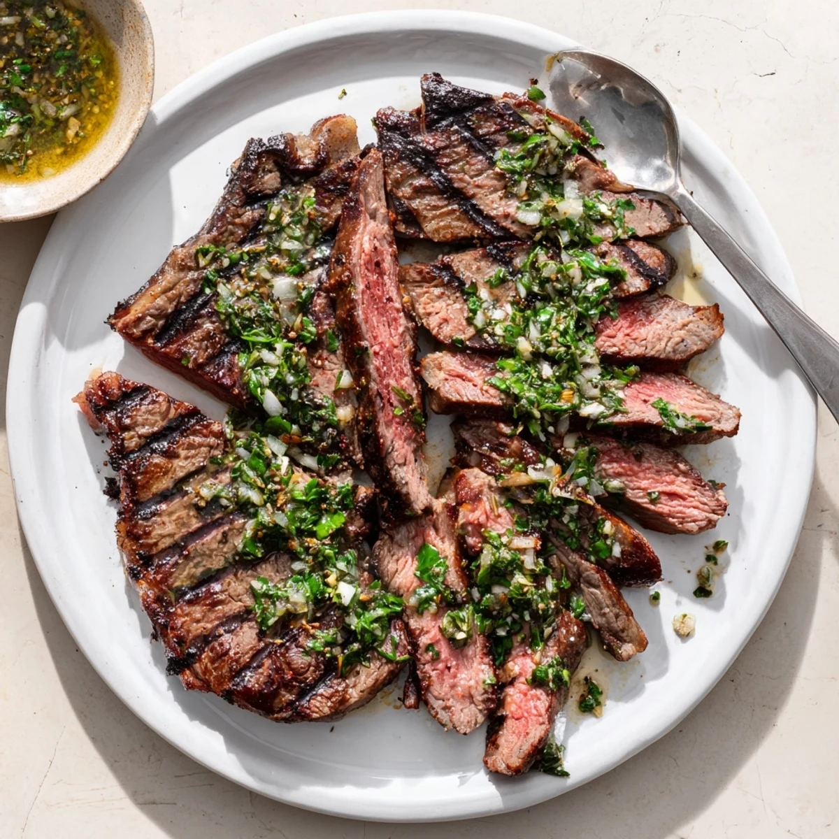 Chimichurri Steak Recipe: sliced grilled ribeye with bright green sauce, steaming.