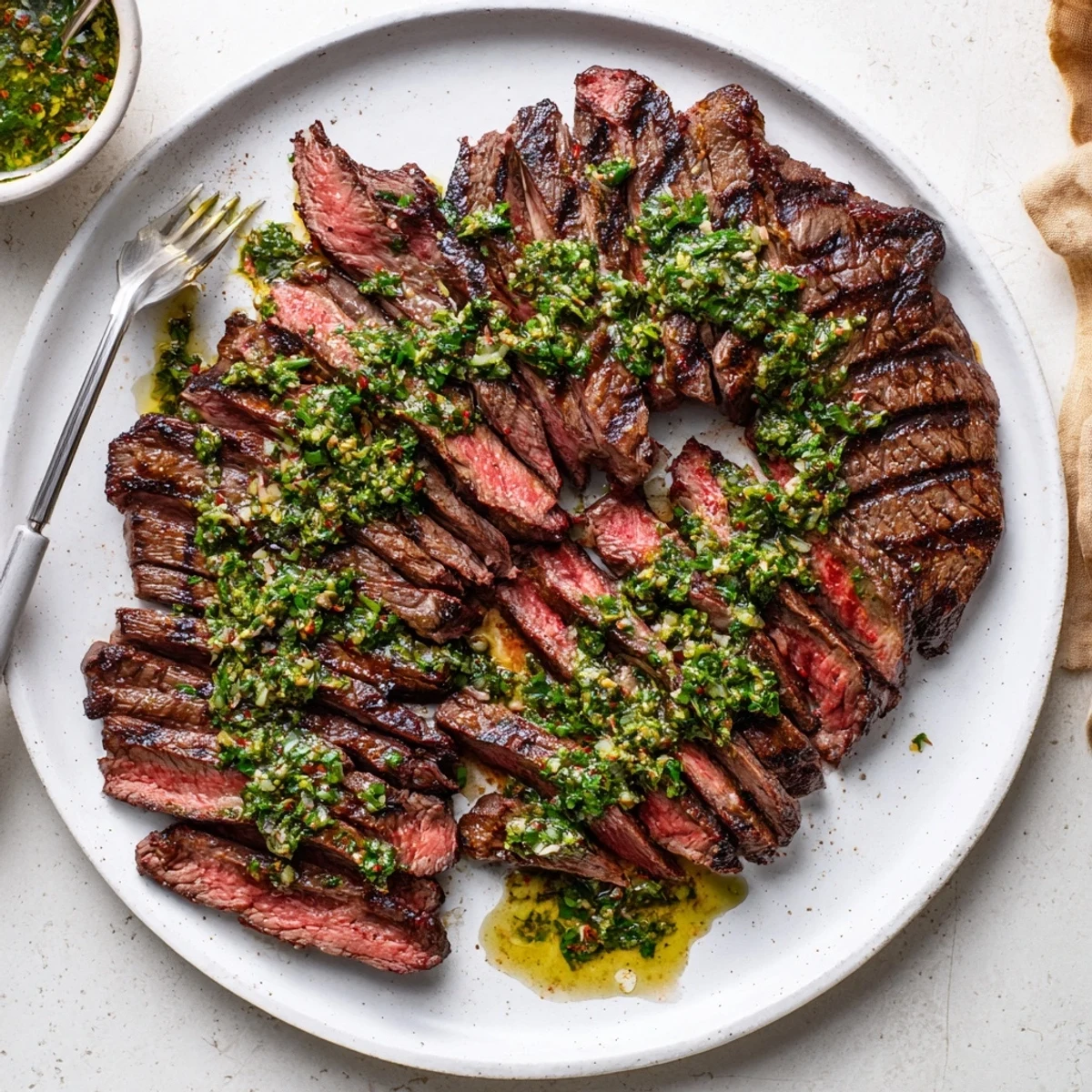 Crisp-charred Chimichurri Steak Recipe on platter topped with zesty herb sauce.