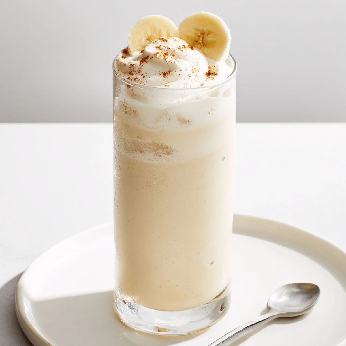 Frosty Vanilla Banana Shake topped with whipped cream, banana slices, cinnamon  
