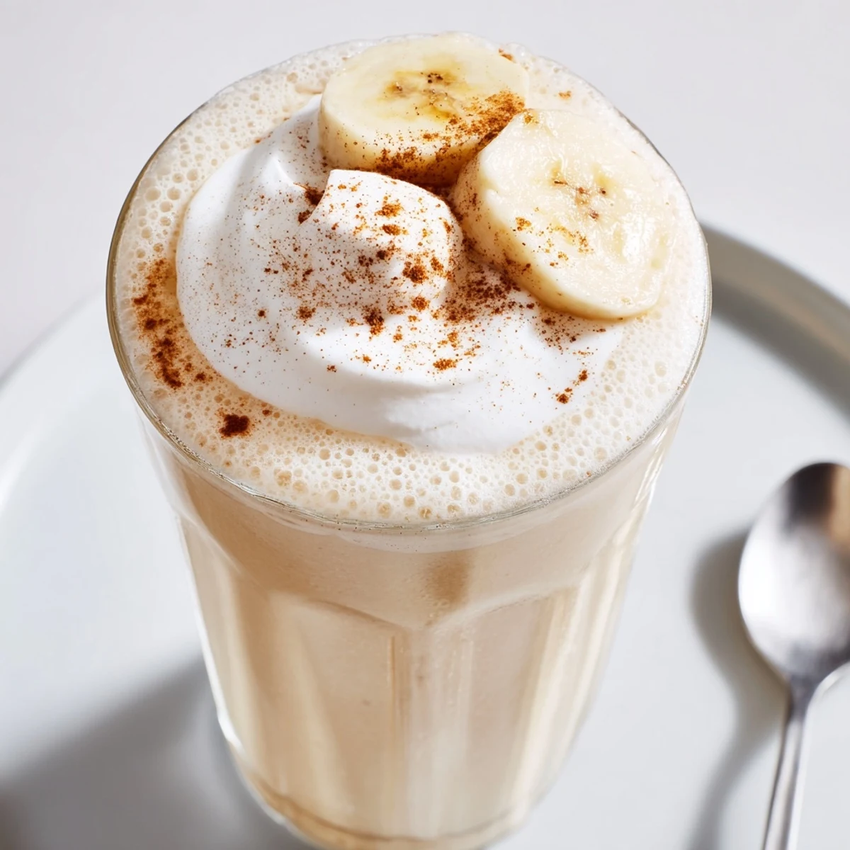 Vanilla Banana Shake poured into chilled glass, frothy, creamy banana aroma  