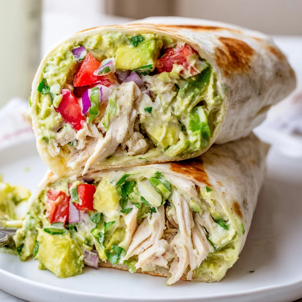 Chicken Avocado Ranch Burritos sliced in half, creamy avocado and melted cheese  
