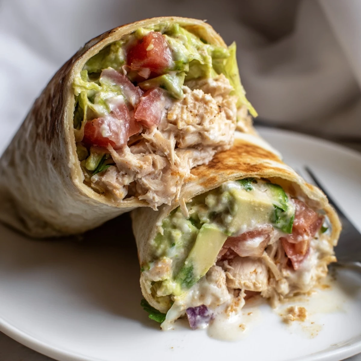 Family-style Chicken Avocado Ranch Burritos packed with shredded chicken, crisp lettuce, juicy tomato
