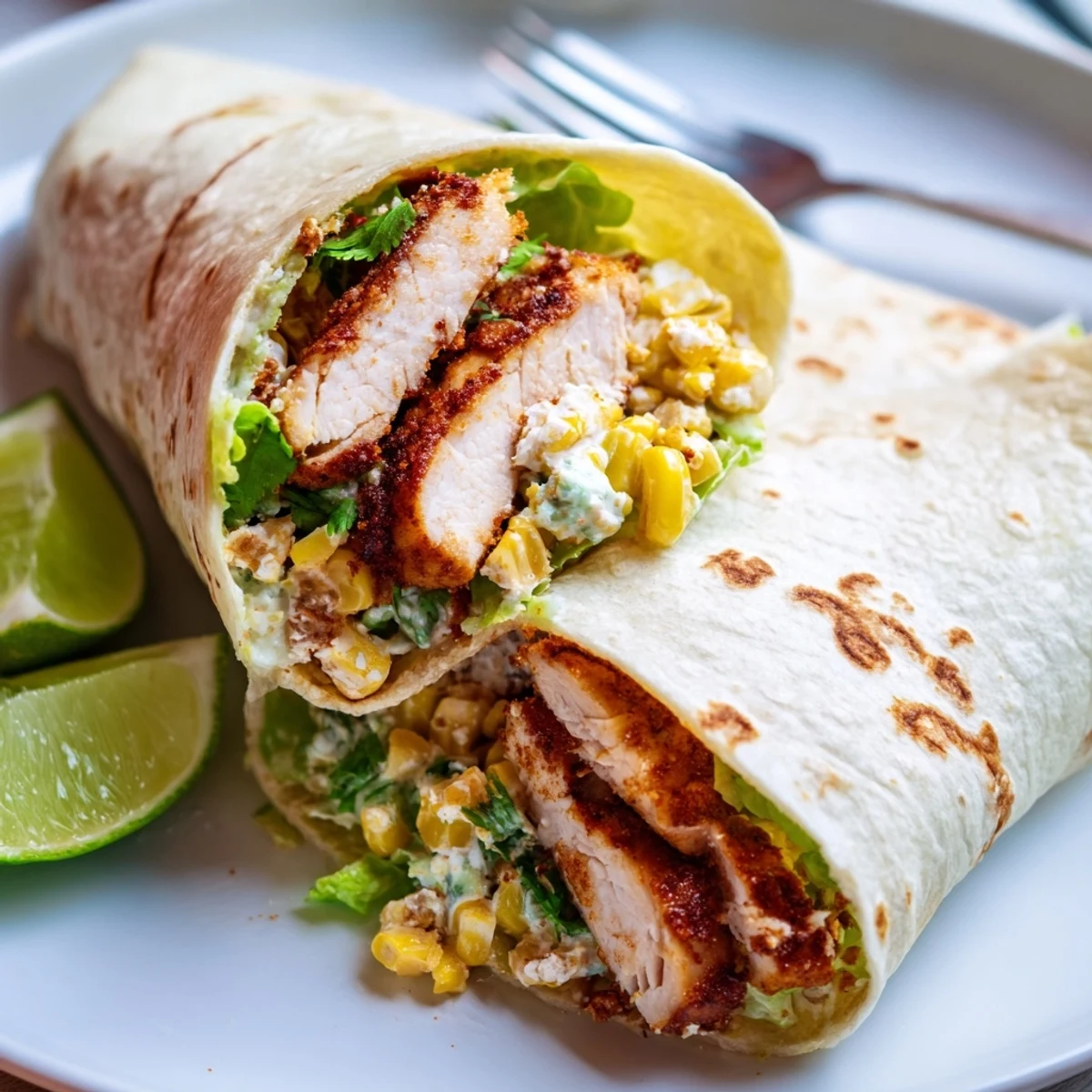 Quick Mexican Street Corn Chicken Wraps with charred corn, creamy cotija, sliced chicken