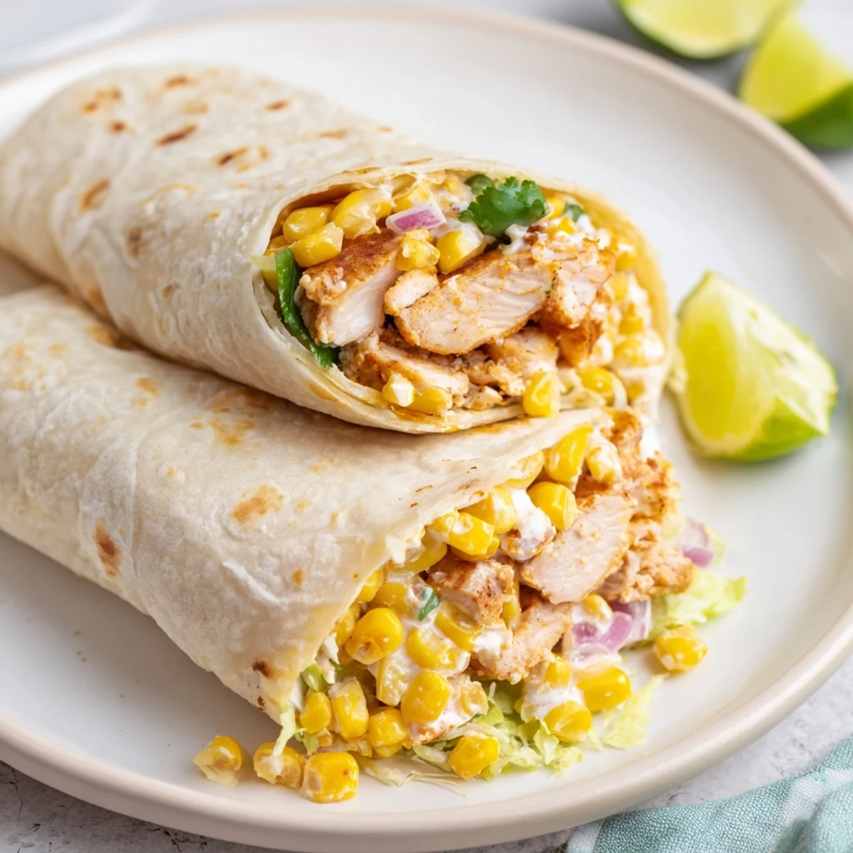 Quick Mexican Street Corn Chicken Wraps sliced, revealing juicy chicken and zesty filling