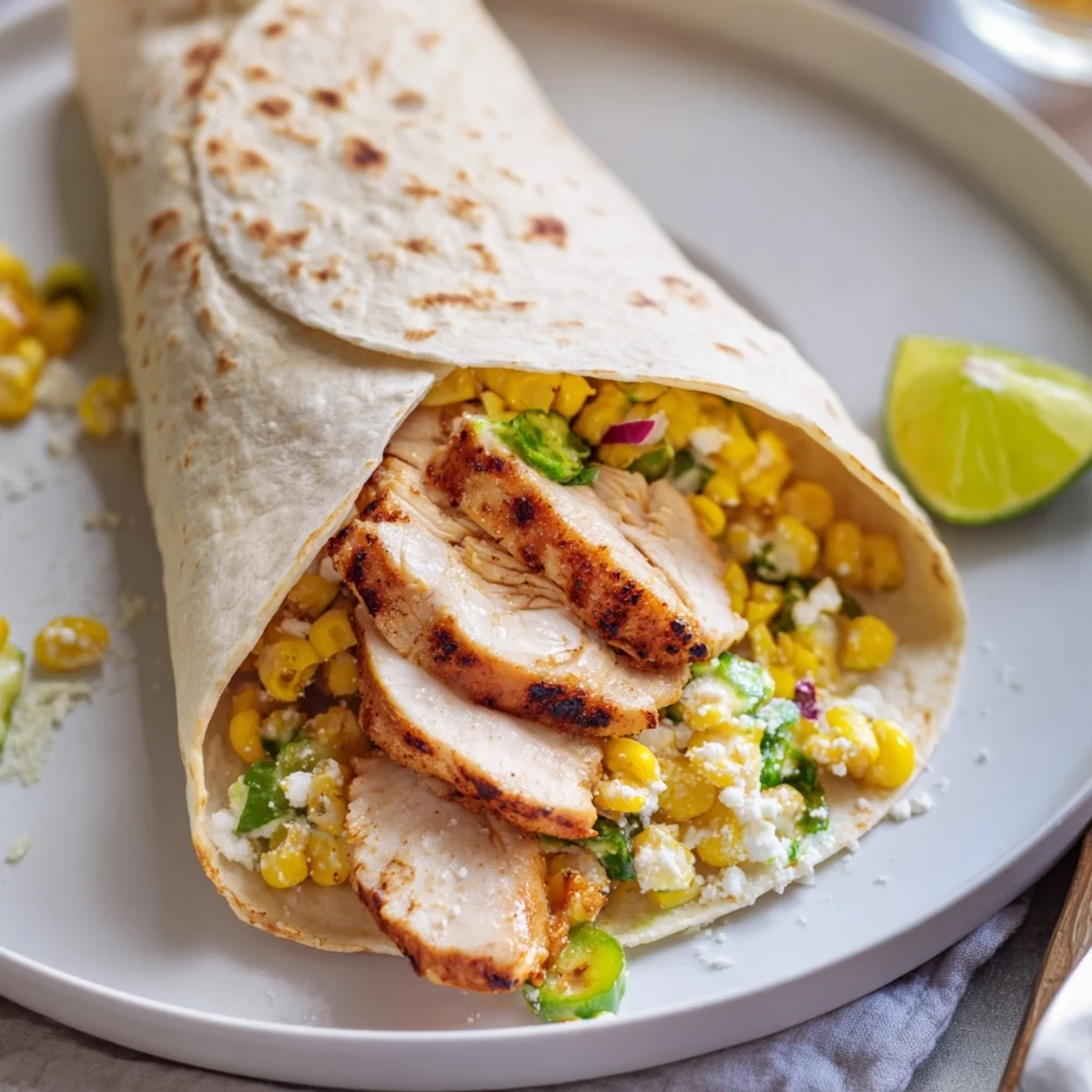 Grilled Quick Mexican Street Corn Chicken Wraps served warm with lime wedges