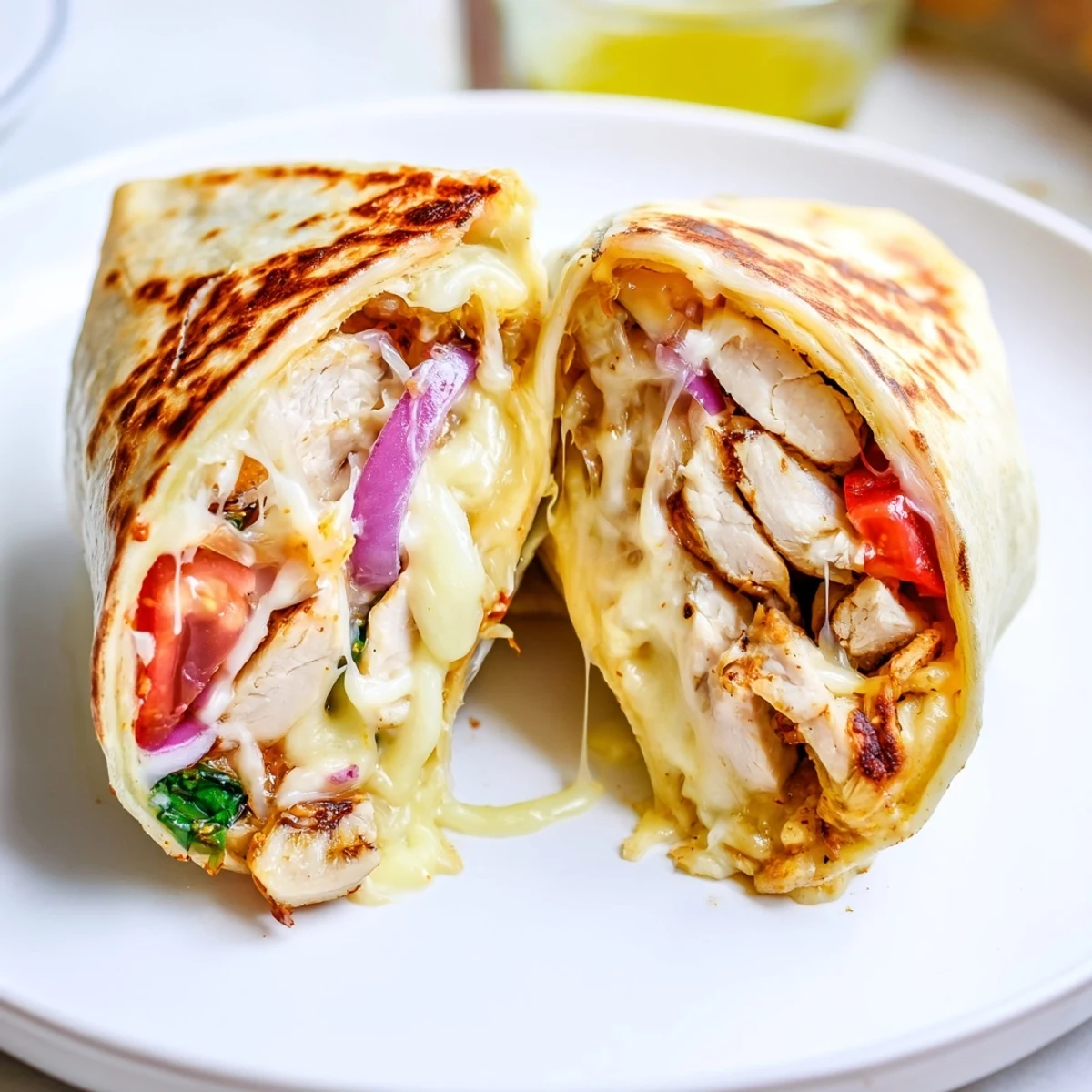Warm Cozy Cheesy Garlic Chicken Wraps sliced in half, topped with diced tomato