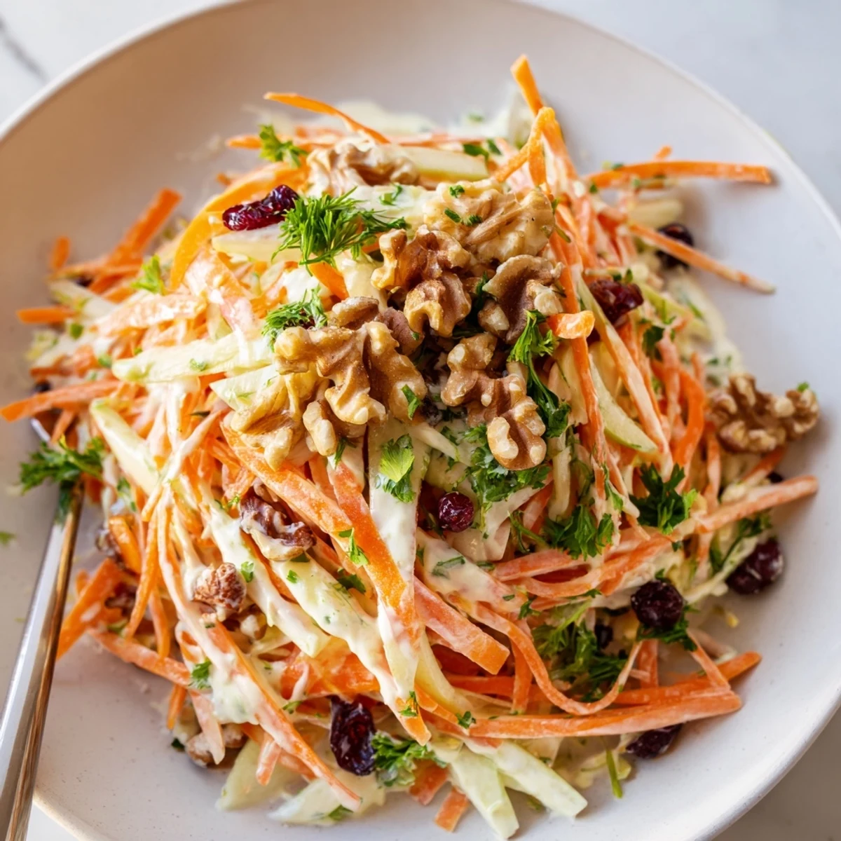 Crunchy Apple Carrot Salad With Creamy Citrus Dressing tossed with parsley and sweet raisins