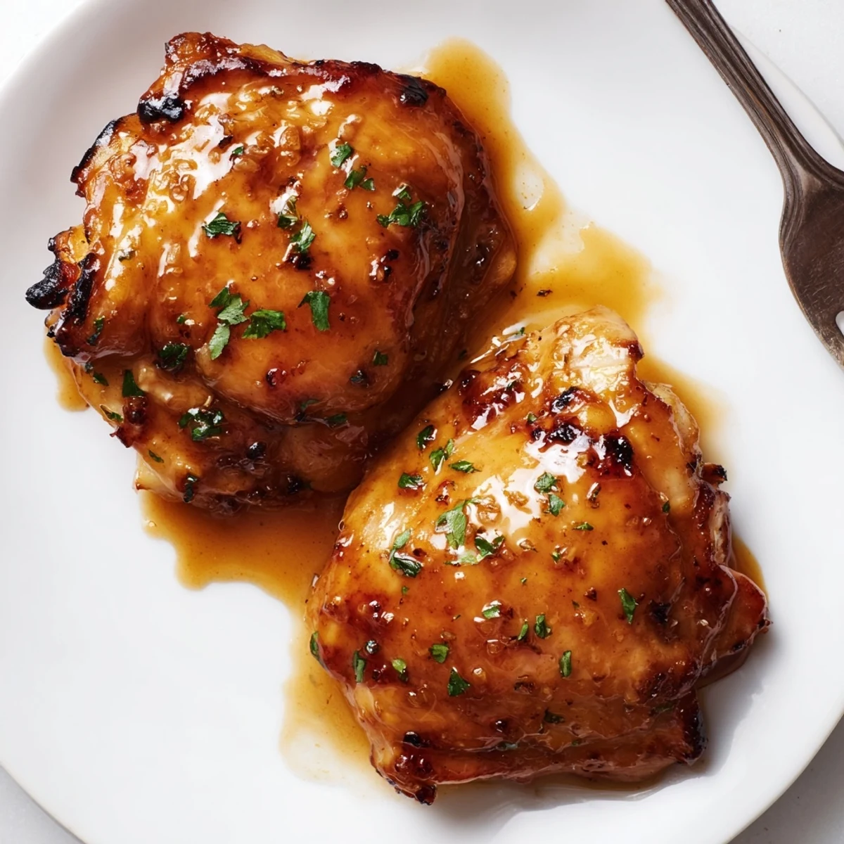Juicy Maple Glazed Chicken Thighs served over mashed potatoes, garnished parsley