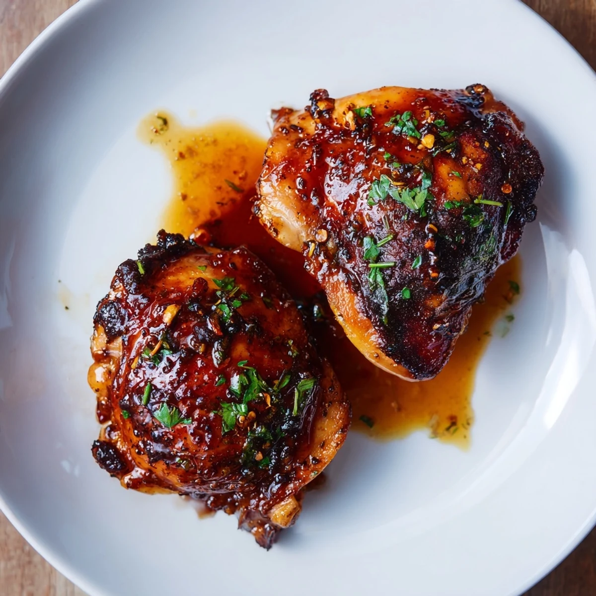 Oven-baked Maple Glazed Chicken Thighs glistening with maple sauce, smoky paprika aroma