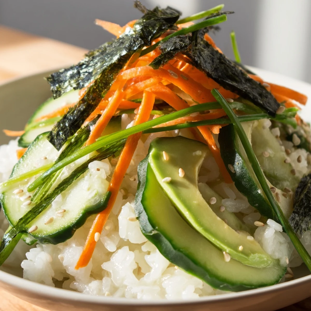 Sushi Cucumber Salad with crisp cucumbers, tangy-sweet dressing and nori strips