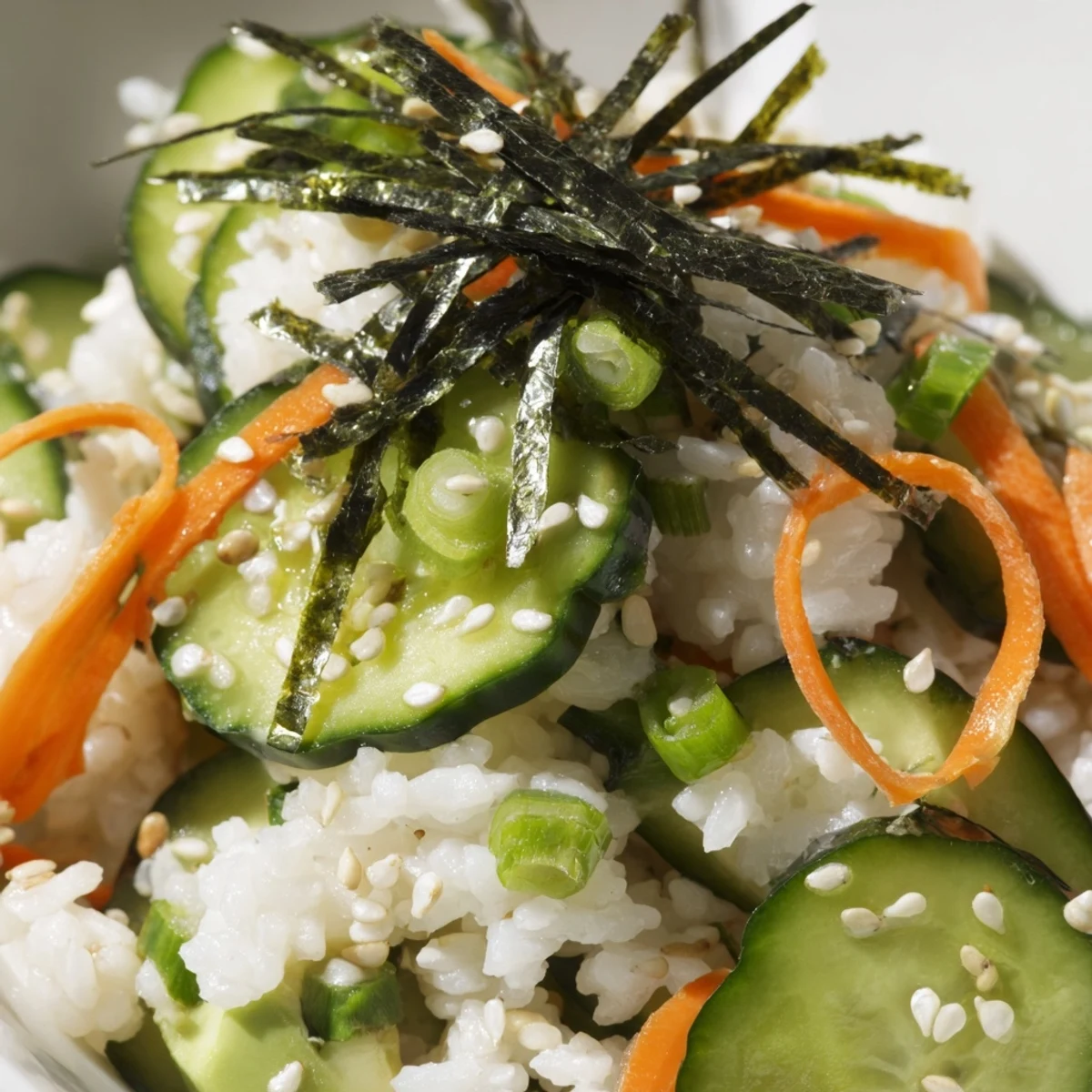 Chilled Sushi Cucumber Salad piled in bowls, avocado slices, pickled ginger
