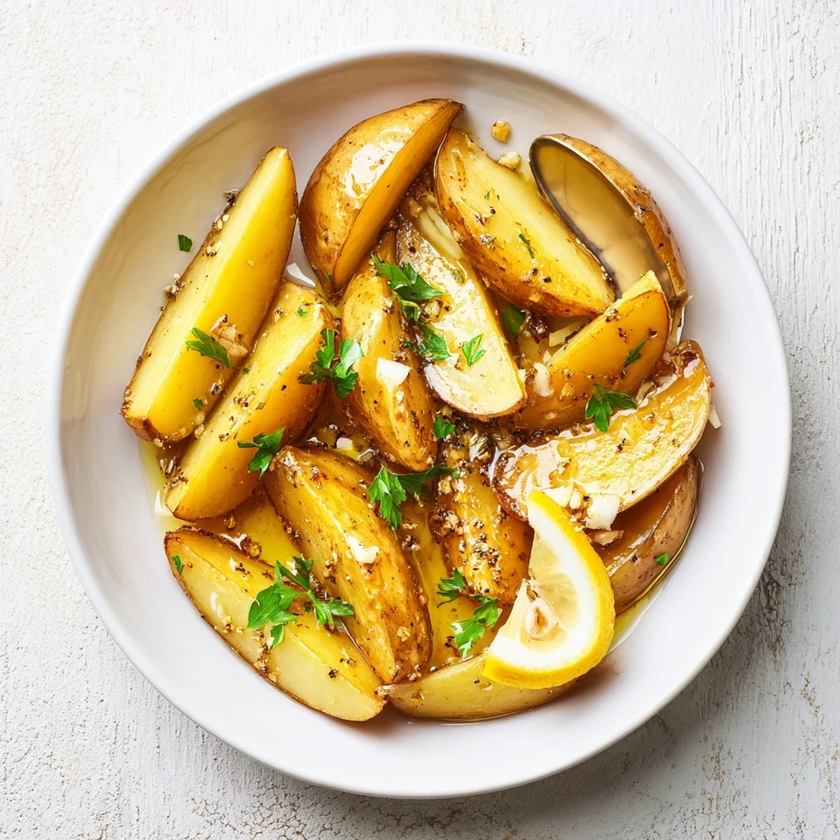 Authentic Greek Lemon Potatoes Recipe showing golden, crispy wedges glistening with lemoned juices