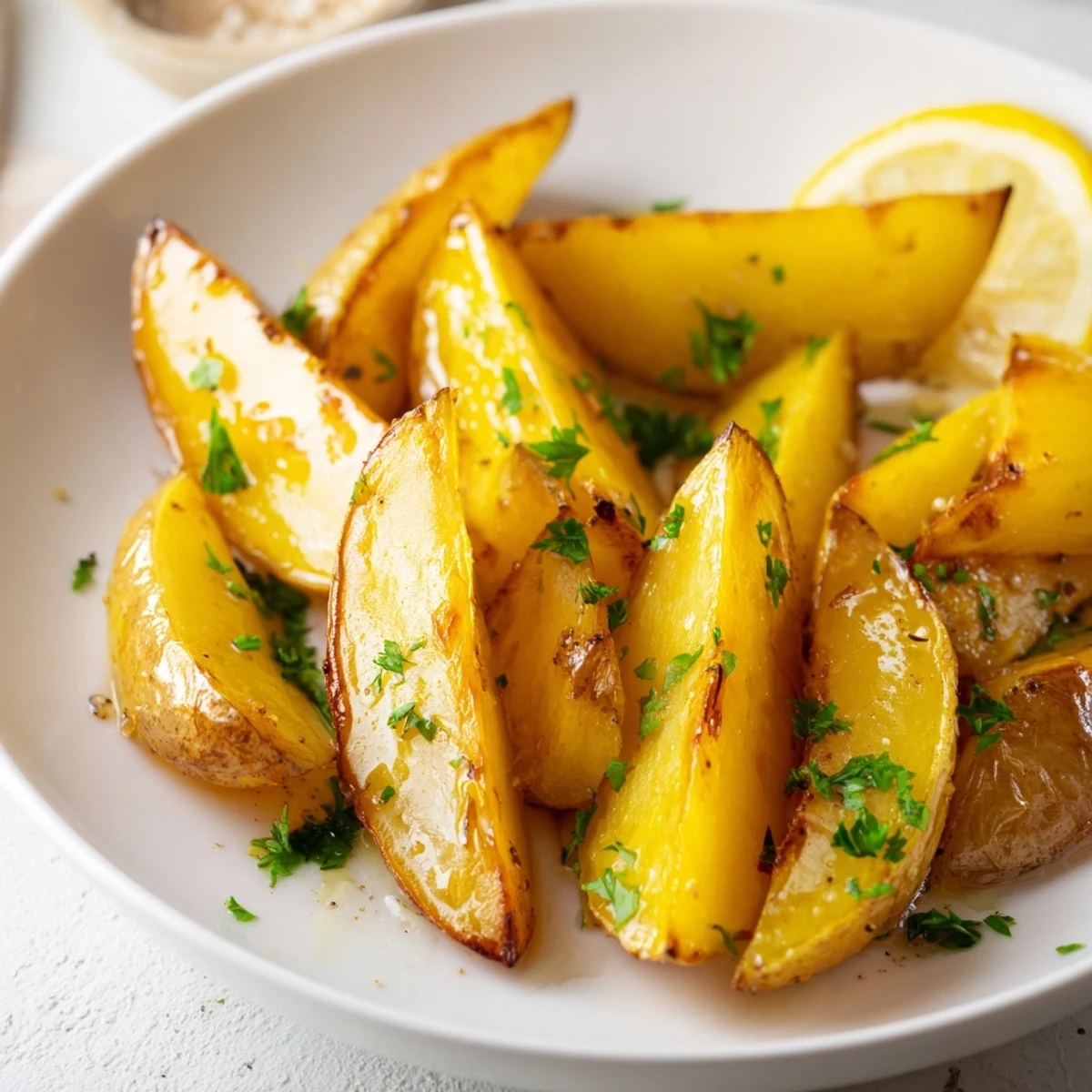 Oven-roasted Authentic Greek Lemon Potatoes Recipe plated with parsley and tart lemon slices