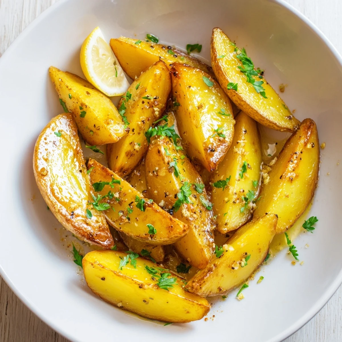 Fork-tender Authentic Greek Lemon Potatoes Recipe served hot beside tzatziki and grilled meats
