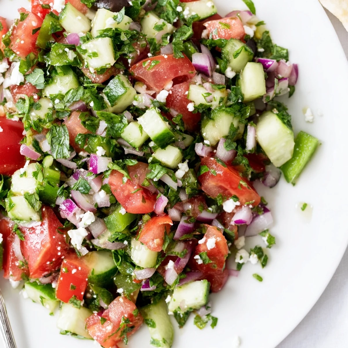 Bright Turkish Shepherds Salad with diced tomatoes, cucumbers, herbs and lemon