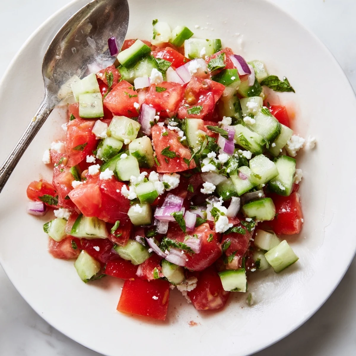 Rustic Turkish Shepherds Salad tossed in zesty olive oil dressing, crumbled feta garnish