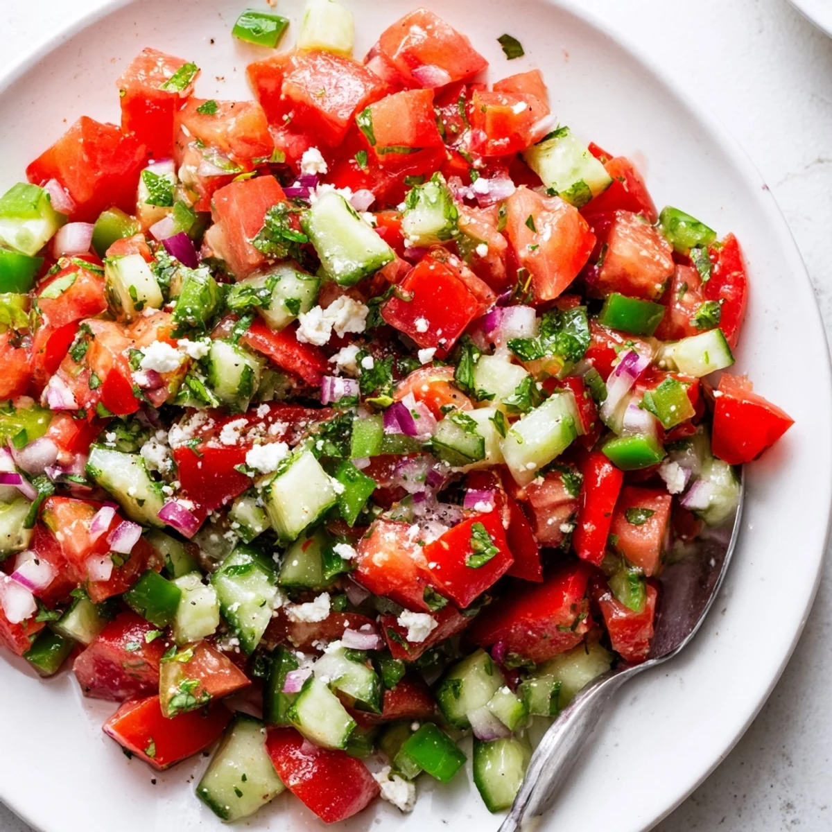 Colorful Turkish Shepherds Salad served beside grilled meats and warm pita slices