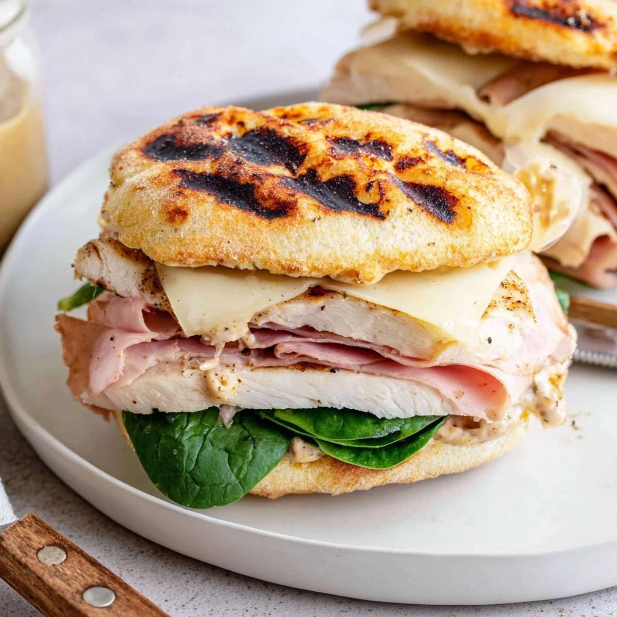 Grilled Chicken Cordon Bleu Sandwich with melty Swiss, smoky ham, toasted brioche.