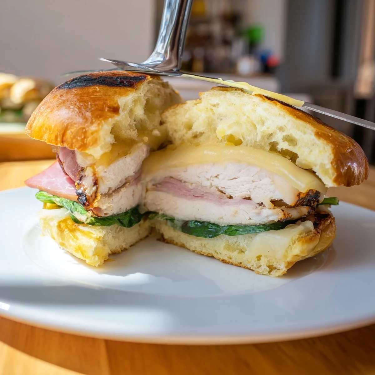 Grilled Chicken Cordon Bleu Sandwich stacked high on plate, steam rising, ready to eat.