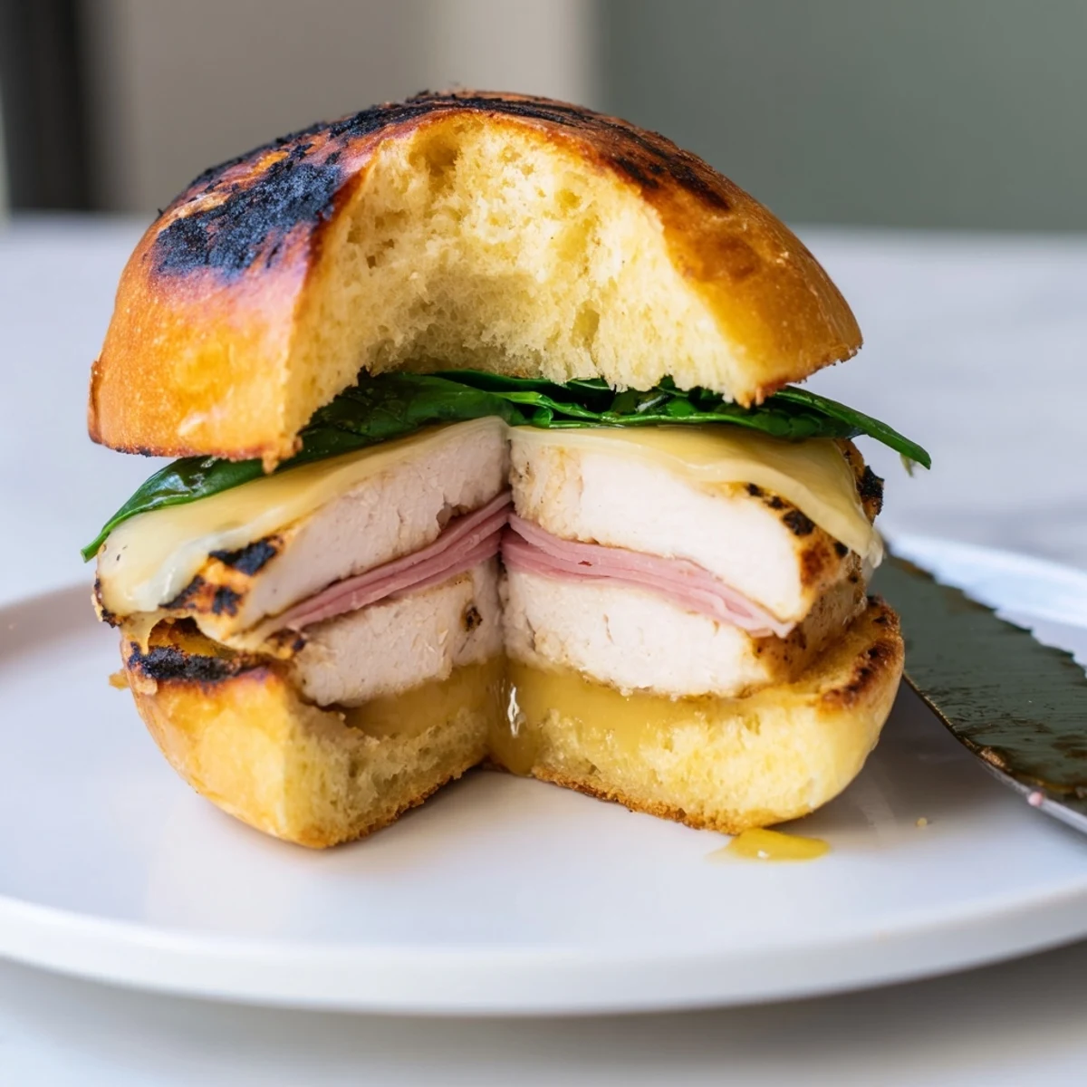 Warm Grilled Chicken Cordon Bleu Sandwich oozing Dijon honey sauce, served with crisp greens.
