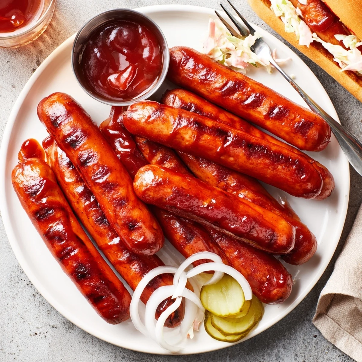 Grilled, caramelized BBQ Sausage Recipe resting on buns with tangy sauce