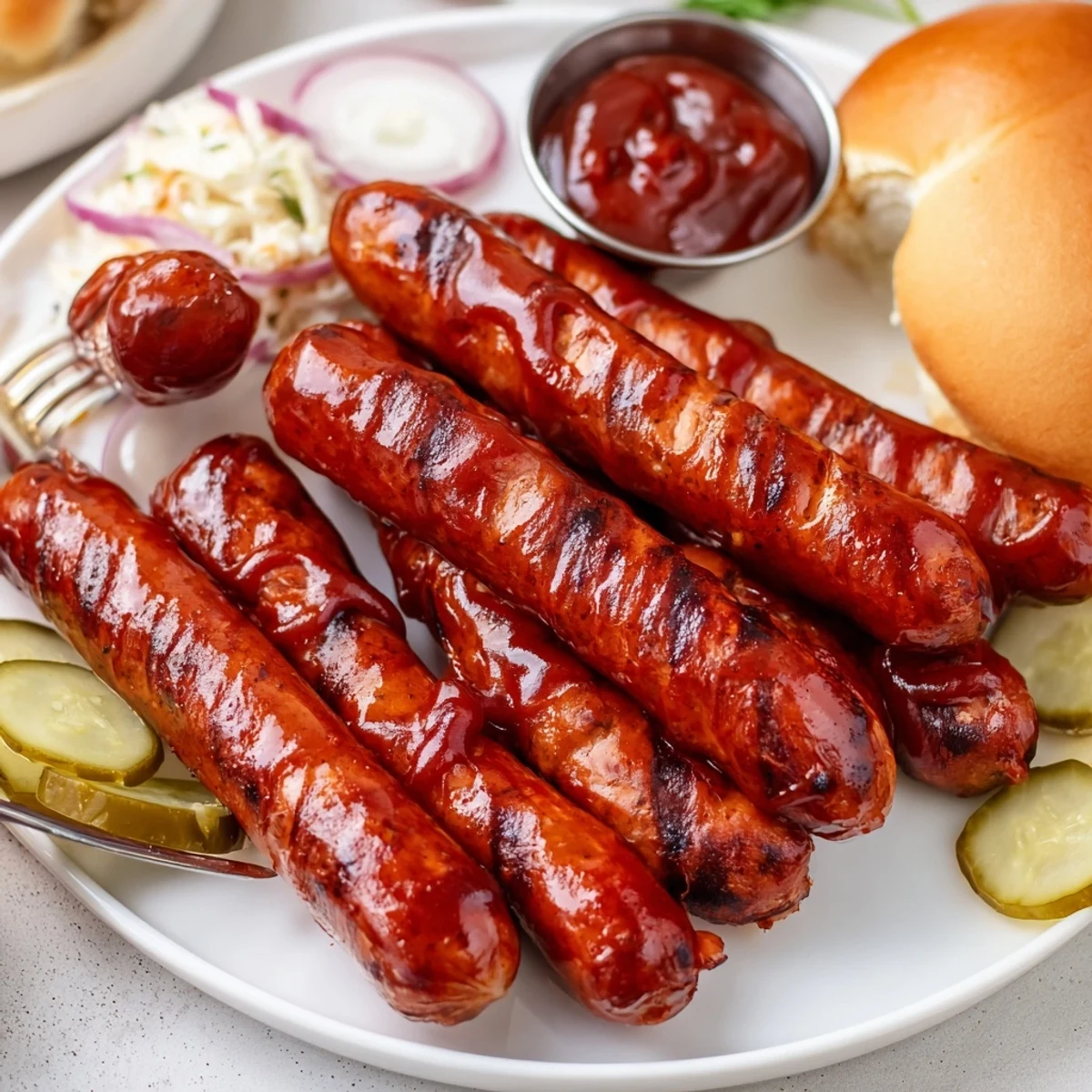 Smoky BBQ Sausage Recipe brushed with sticky sauce on a charred grill