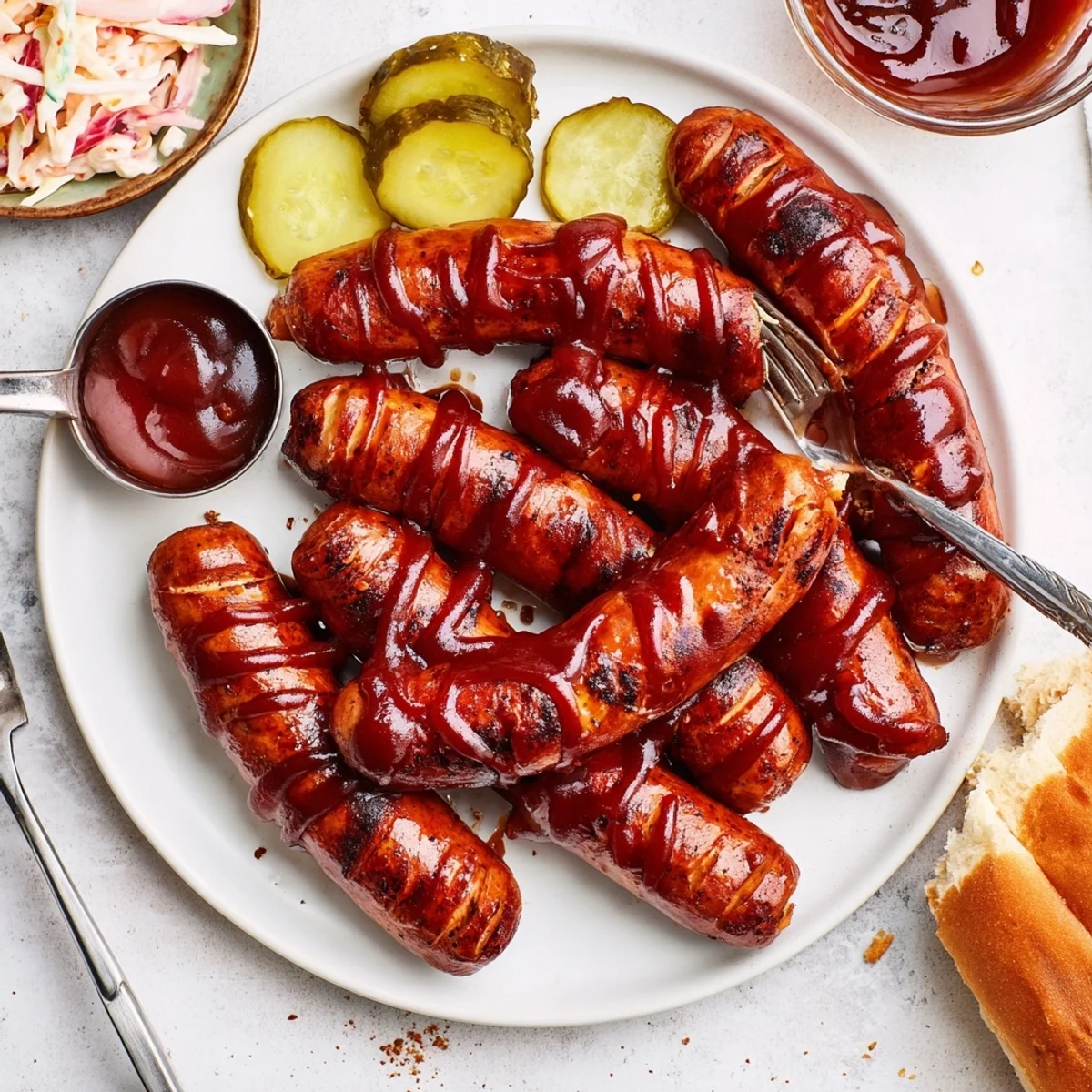 Summer cookout BBQ Sausage Recipe served with pickles, coleslaw, and corn