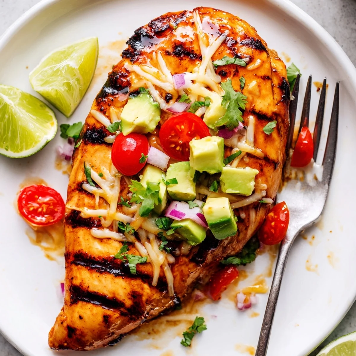 Grilled Fiesta Lime Chicken With Avocado topped with juicy tomatoes and cilantro.
