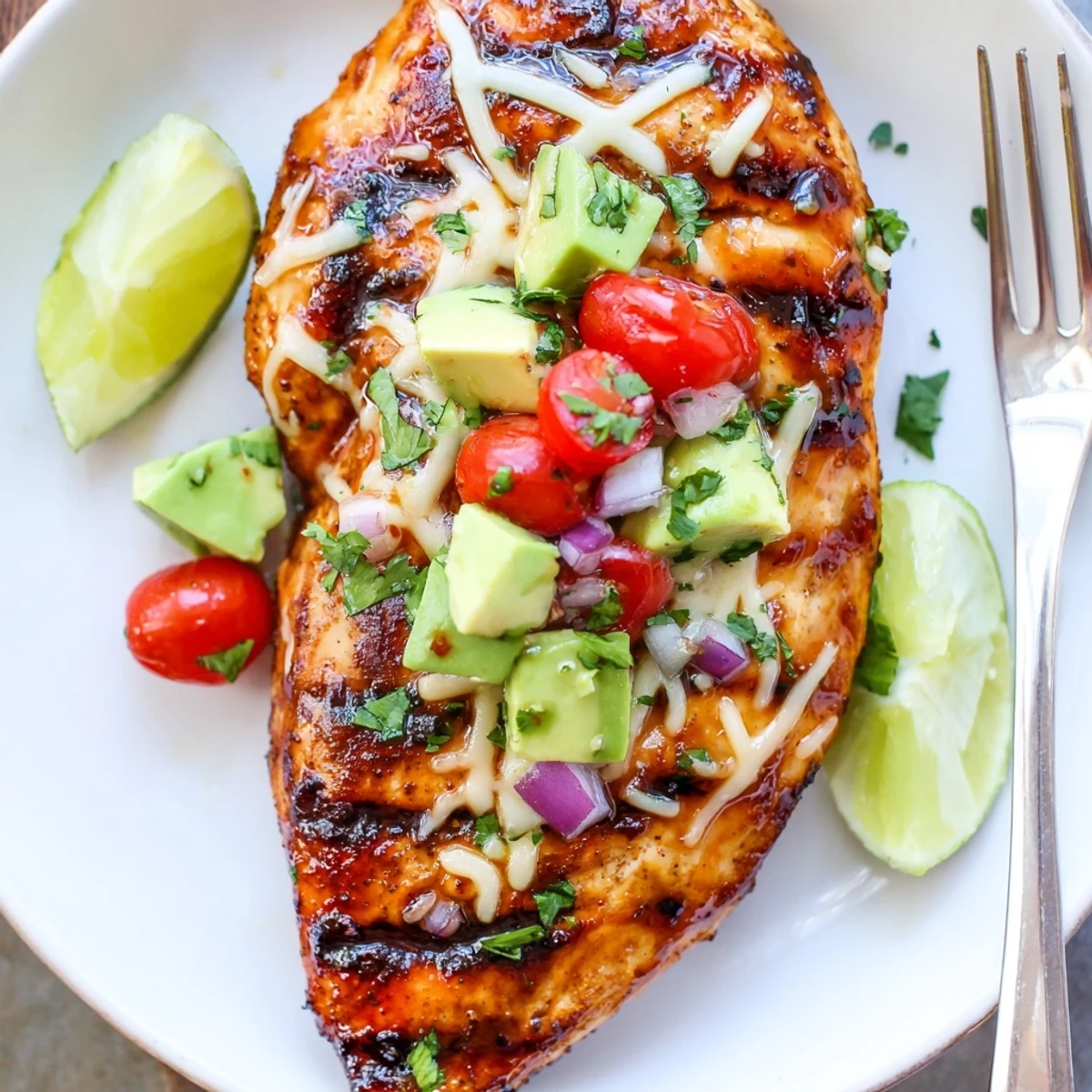 Zesty Fiesta Lime Chicken With Avocado served over cilantro lime rice, lime wedge.